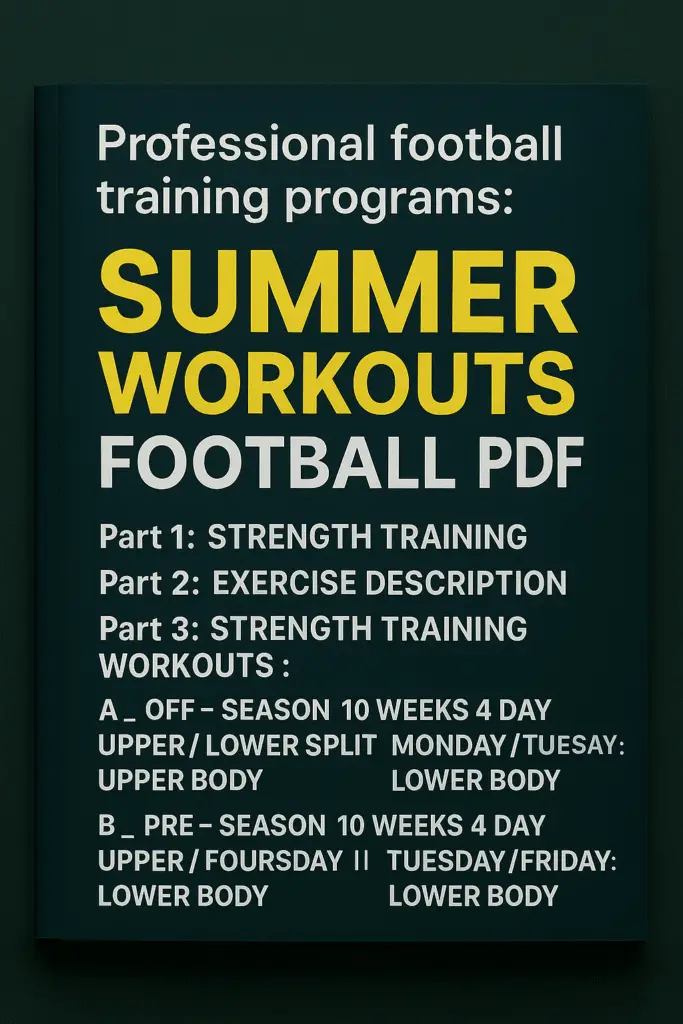 Book cover titled Professional football training programs: SUMMER WORKOUTS FOOTBALL PDF
Part 1: STRENGTH TRAINING
Part 2: EXERCISE DESCRIPTION
Part 3: STRENGTH TRAINING WORKOUTS :
A _ OFF – SEASON 10 WEEKS 4 DAY UPPER/ LOWER SPLIT MONDAY/ TUESDAY: UPPER BODY THURSDAY/ FRIDAY: LOWER BODY
B _ PRE – SEASON 10 WEEKS 4 DAY UPPER/ LOWER SPLIT MONDAY/ THURSDAY: UPPER BODY TUESDAY/ FRIDAY: LOWER BODY